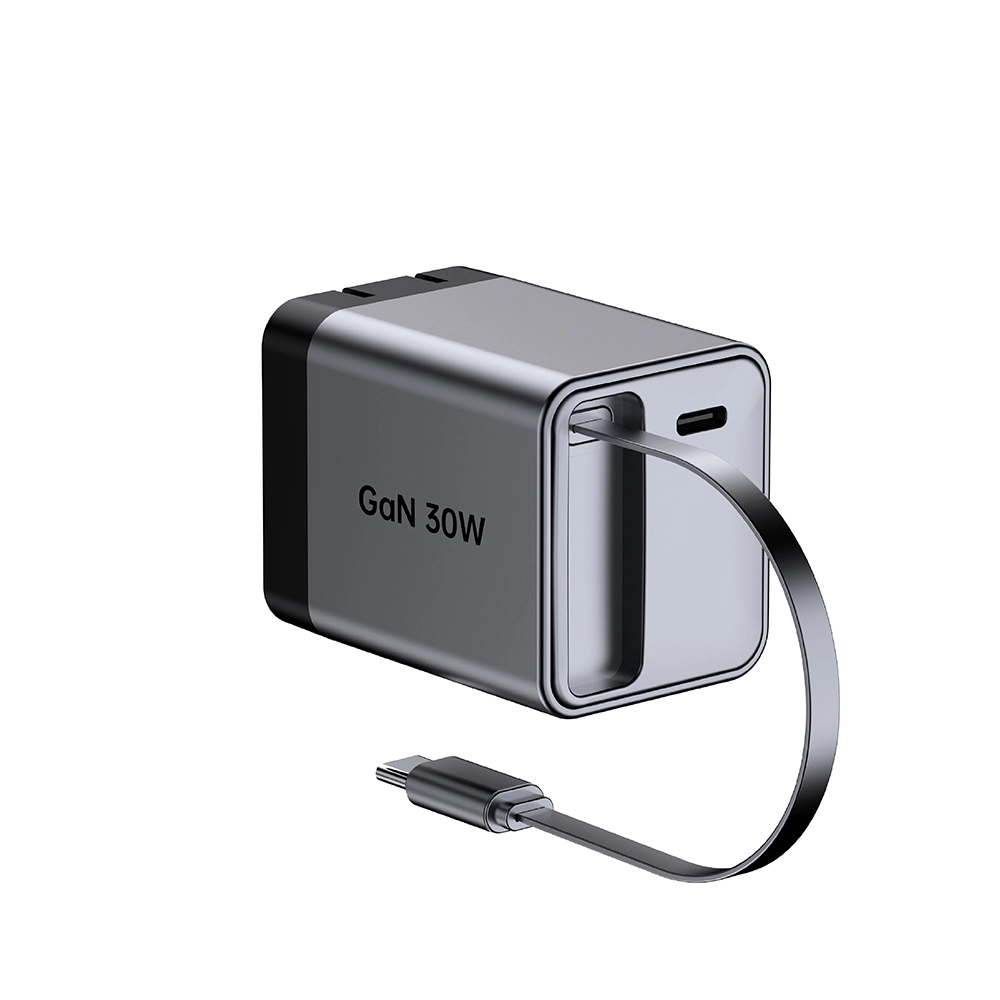 30 W faltbares Schnellladegerät mit US-Stecker und einziehbarem USB-C-Kabel