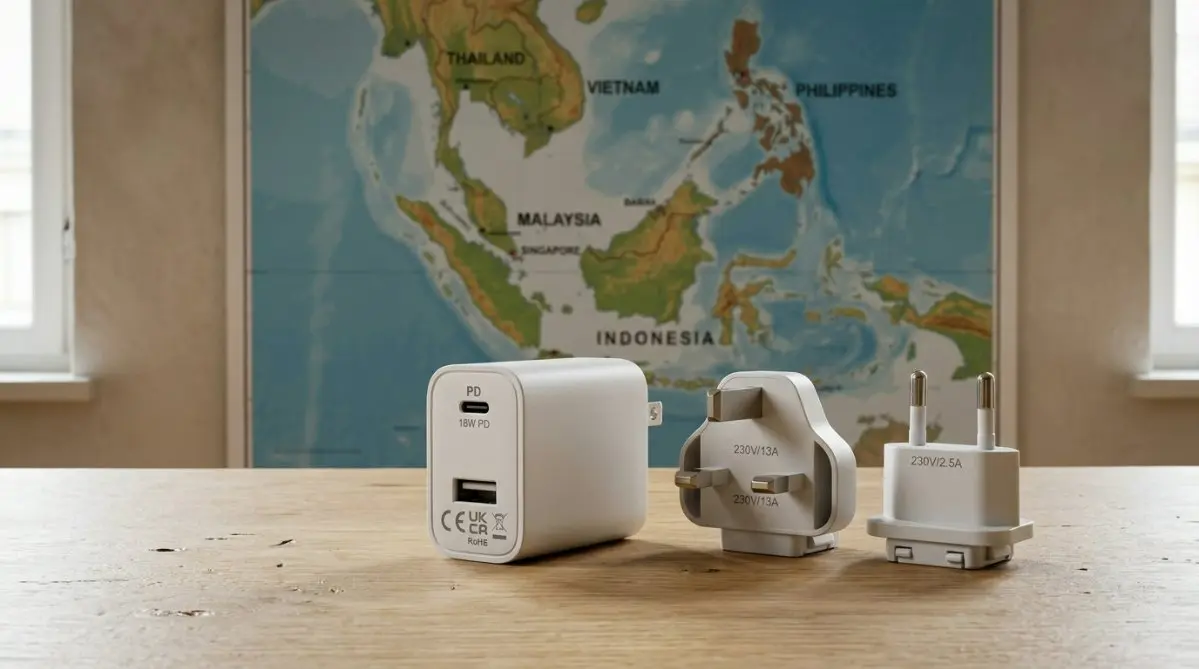 A modern 18W wall mounted power adapter with various ASEAN plug types such as Type G and Type C against a professional background showing a map of Southeast Asia.
